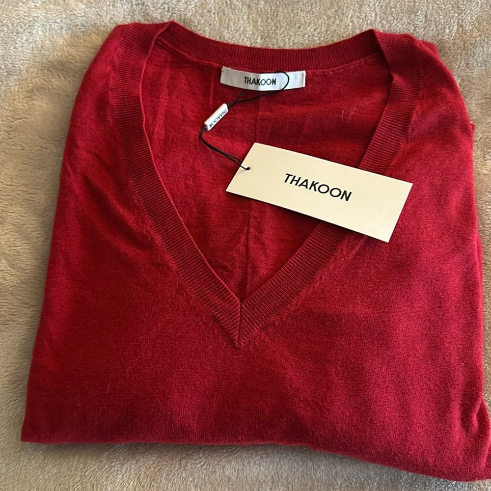 THAKOON Cotton/Viscose Blend Lightweight, Red V-Neck Sweater (L) BNWT- Holiday!